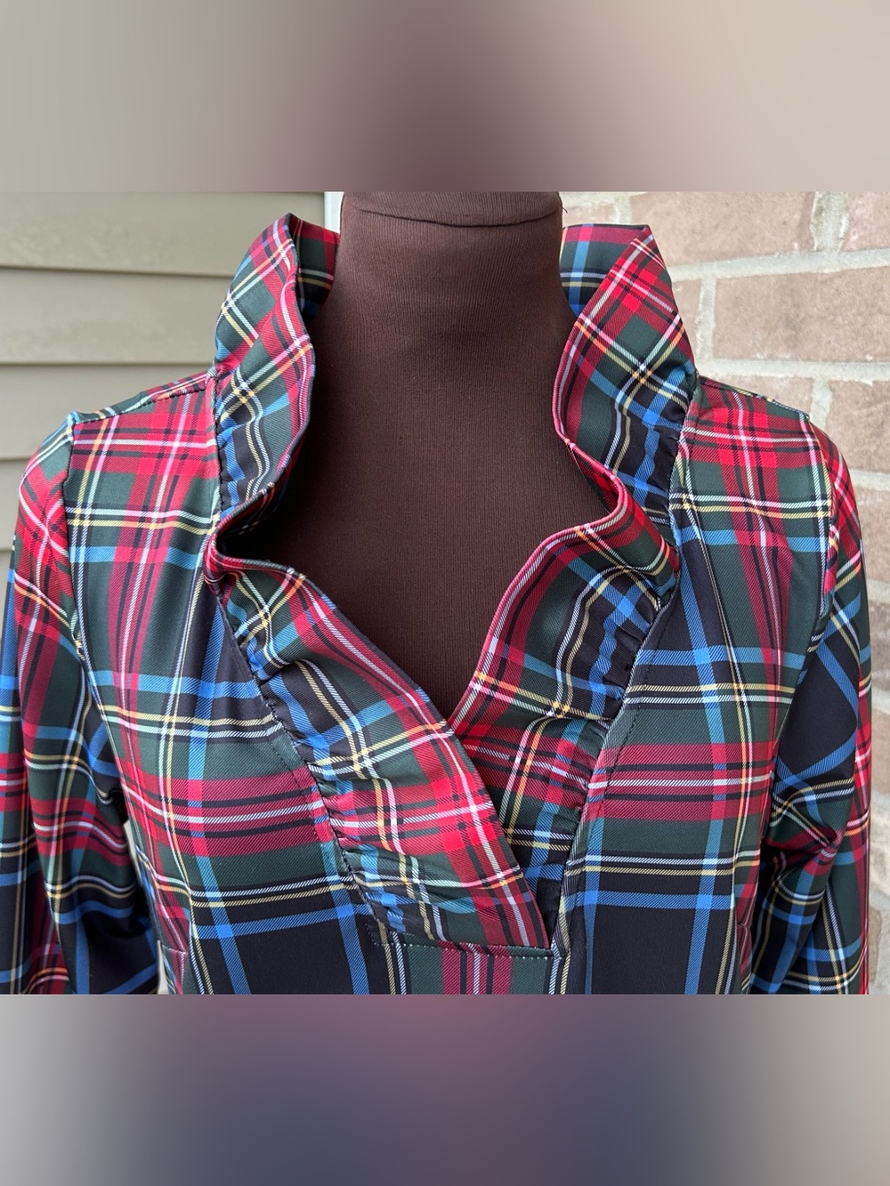 GRETCHEN SCOTT sM Plaid Shift Dress-ruffle collar-easy care-Holidays! Looks NEW - Picture 5 of 6